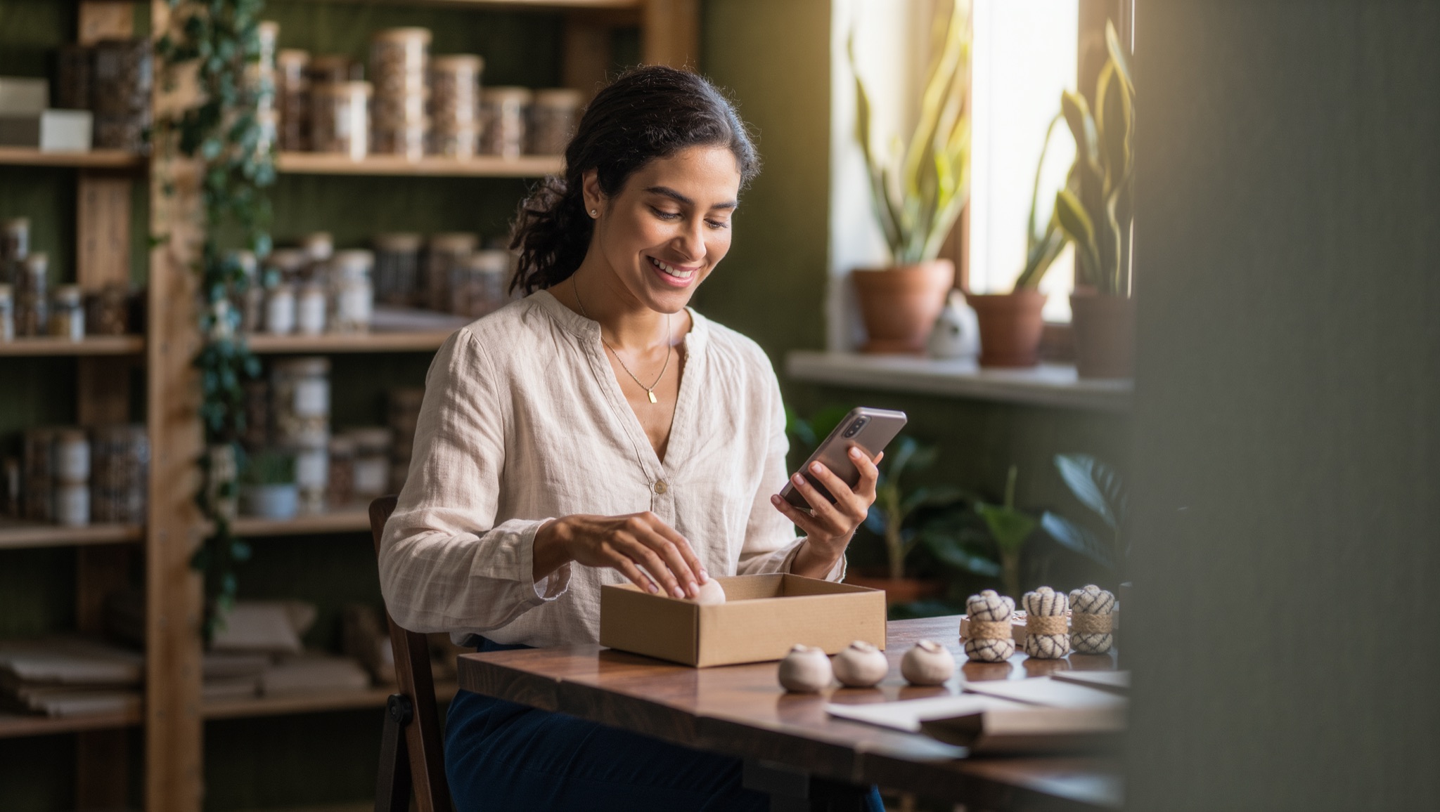 Empreendedora embalando um pedido enquanto confere o celular